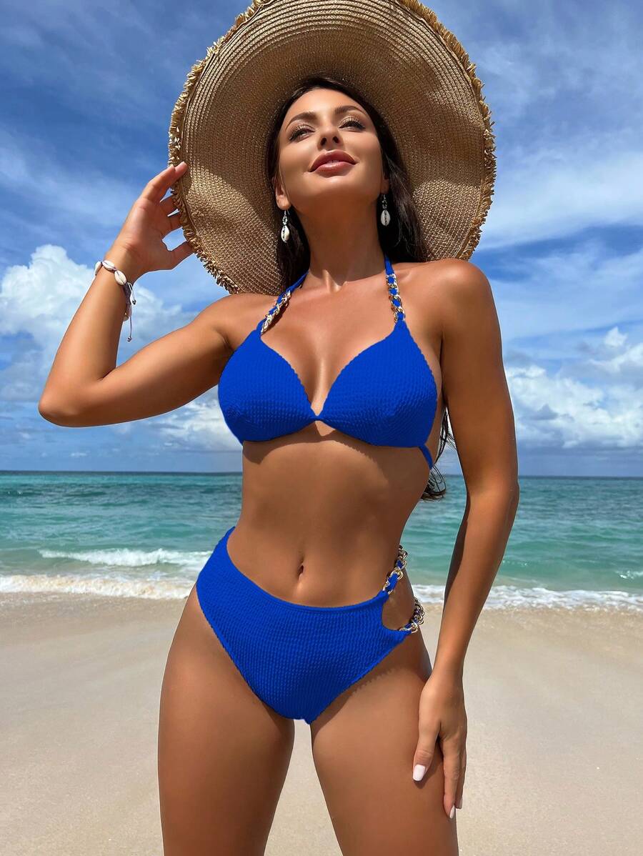 Conjunto de bikini de verano con triángulo de cuello halter y cadena vinculada para playa - Azul - Ver 1