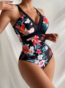 Swim Lushoire Tropical Print Ruched One Piece Swimsuit,Summer Beach - Black - View 1