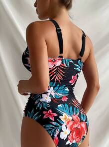 Swim Lushoire Tropical Print Ruched One Piece Swimsuit,Summer Beach - Black - View 2