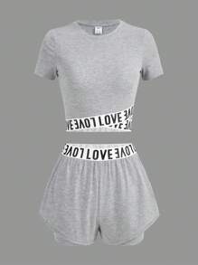SHEIN 青少年女孩拼接字母織帶T恤和短褲 - 淺灰色 - 查看 1
