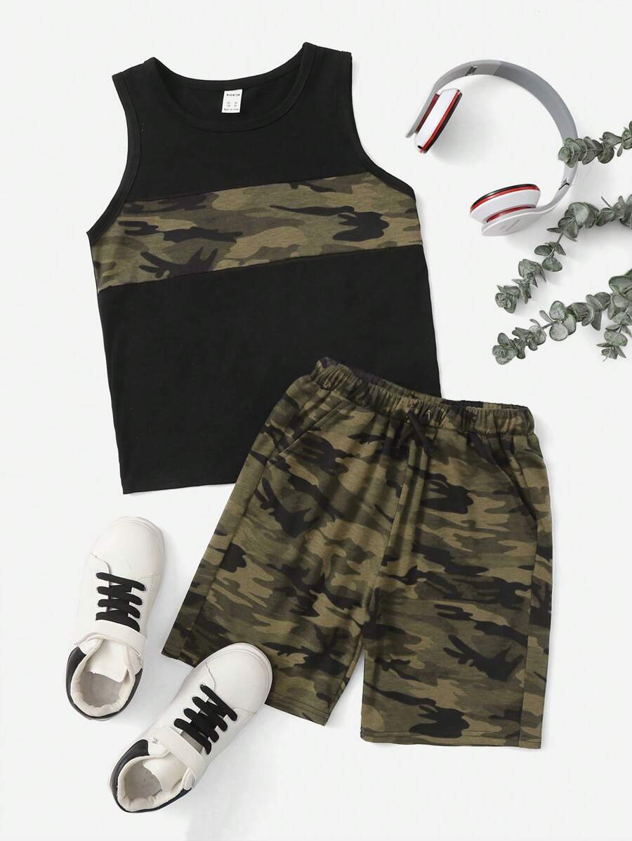 SHEIN Boys Camo Print Colourblock Tank Top & Shorts Set - Multicolor - View 1