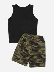 SHEIN Boys Camo Print Colourblock Tank Top & Shorts Set - Multicolor - View 2