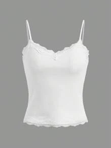 SHEIN Girlism Teen Girls' Sweet & Cute Contrast Lace V-Neck Camisole, Summer