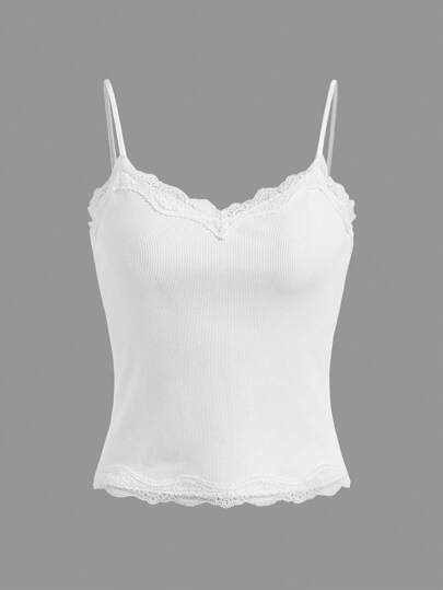 SHEIN Girlism Tonårsflickors söta och söta linne i kontrastfärgad spets med v-ringning, sommar