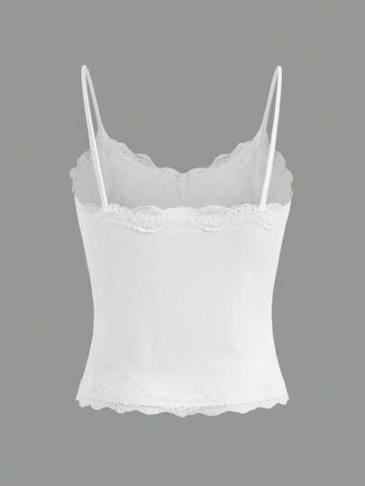 SHEIN Girlism Áo ba lỗ cổ chữ V ren tương phản ngọt ngào và dễ thương cho bé gái tuổi teen, mùa hè