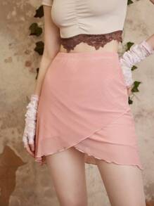 ROMWE Fairycore Solid Wrap Hem Skirt - Pink - View 1