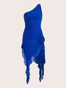 SHEIN ICON Vestido de un hombro fruncido bajo con fleco de malla - azul real - Ver 1