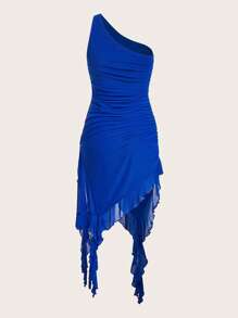 SHEIN ICON Vestido de un hombro fruncido bajo con fleco de malla - azul real - Ver 2