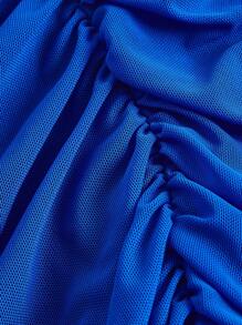 SHEIN ICON Vestido de un hombro fruncido bajo con fleco de malla - azul real - Ver 3