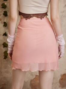 ROMWE Fairycore Solid Wrap Hem Skirt - Pink - View 4