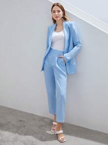 MOTF PREMIUM 純亚麻單排扣西裝外套 - 淺藍色 - 查看 12