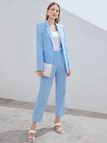 MOTF PREMIUM 純亚麻單排扣西裝外套 - 淺藍色 - 查看 14