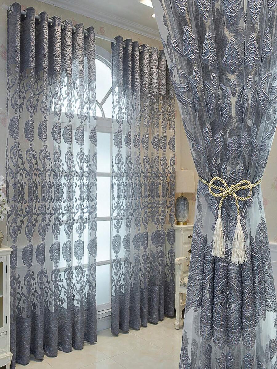 Scroll Embroidered Single Panel Sheer Curtain, European Style Polyester Light Filtering Privacy Sheer Curtain For Living Room And Bedroom