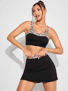 SHEIN Leopard Print Sports Bra & Skort - Black - View 1