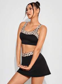 SHEIN Leopard Print Sports Bra & Skort - Black - View 6