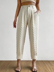 SHEIN LUNE Pantaloni vita alta motivo scozzese tasca inclinata - Beige - Visualizzare 1
