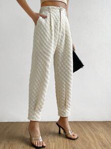 SHEIN LUNE Pantaloni vita alta motivo scozzese tasca inclinata - Beige - Visualizzare 3