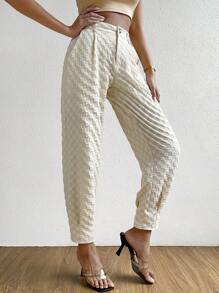 SHEIN LUNE Pantaloni vita alta motivo scozzese tasca inclinata - Beige - Visualizzare 5