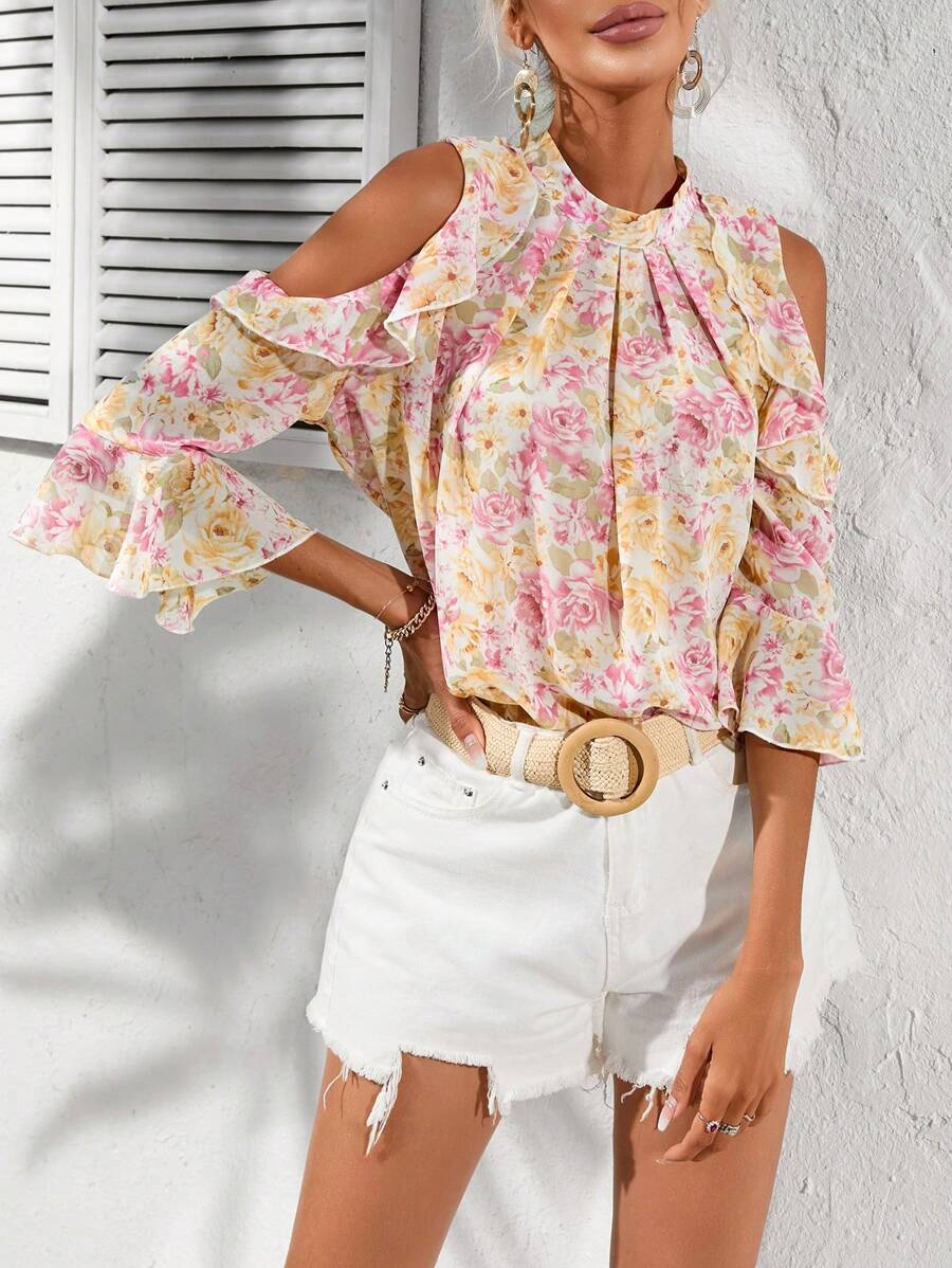 SHEIN Privé Allover Floral Print Cold Shoulder Ruffle Trim Blouse - White - View 1