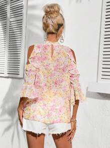 SHEIN Privé Allover Floral Print Cold Shoulder Ruffle Trim Blouse - White - View 2