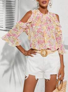 SHEIN Privé Allover Floral Print Cold Shoulder Ruffle Trim Blouse - White - View 3