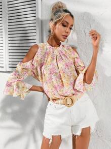 SHEIN Privé Allover Floral Print Cold Shoulder Ruffle Trim Blouse - White - View 6