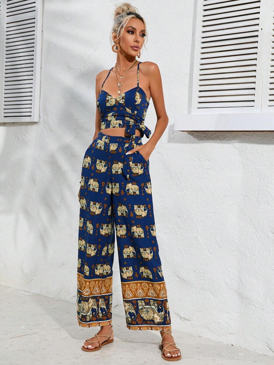 SHEIN LUNE Elephant Print Knot Side Cami Top & Wide Leg Trousers - Multicolor - View 1