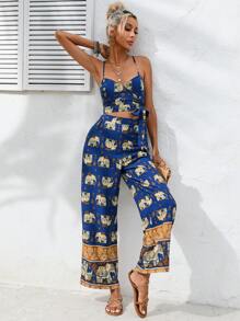 SHEIN LUNE Elephant Print Knot Side Cami Top & Wide Leg Trousers - Multicolor - View 3