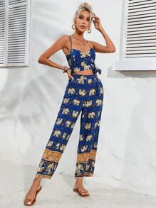 SHEIN LUNE Elephant Print Knot Side Cami Top & Wide Leg Trousers - Multicolor - View 4