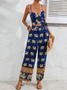 SHEIN LUNE Elephant Print Knot Side Cami Top & Wide Leg Trousers - Multicolor - View 5