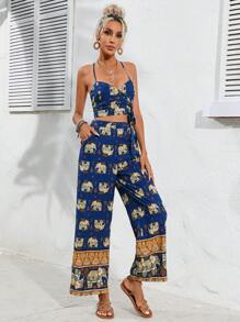 SHEIN LUNE Elephant Print Knot Side Cami Top & Wide Leg Trousers - Multicolor - View 6