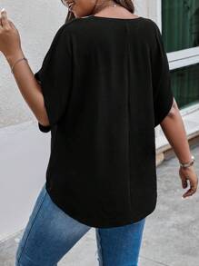 SHEIN VCAY Áo sơ mi Plus Size Ruy băng Khối Màu Giải trí - màu đen - Xem 2