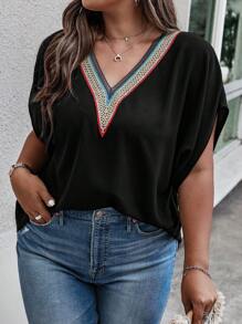 SHEIN VCAY Áo sơ mi Plus Size Ruy băng Khối Màu Giải trí - màu đen - Xem 5