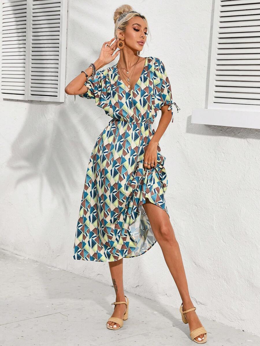 SHEIN LUNE Allover Print Knot Cuff A-line Dress - Multicolor - View 1