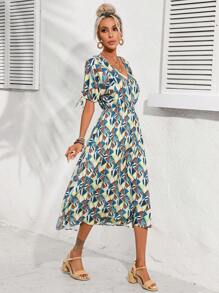 SHEIN LUNE Allover Print Knot Cuff A-line Dress - Multicolor - View 3