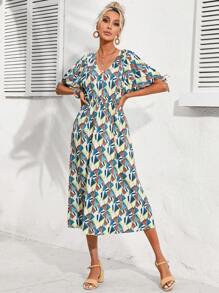 SHEIN LUNE Allover Print Knot Cuff A-line Dress - Multicolor - View 5