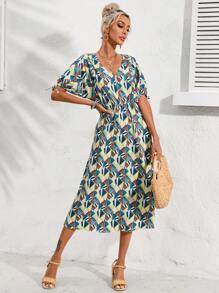 SHEIN LUNE Allover Print Knot Cuff A-line Dress - Multicolor - View 6