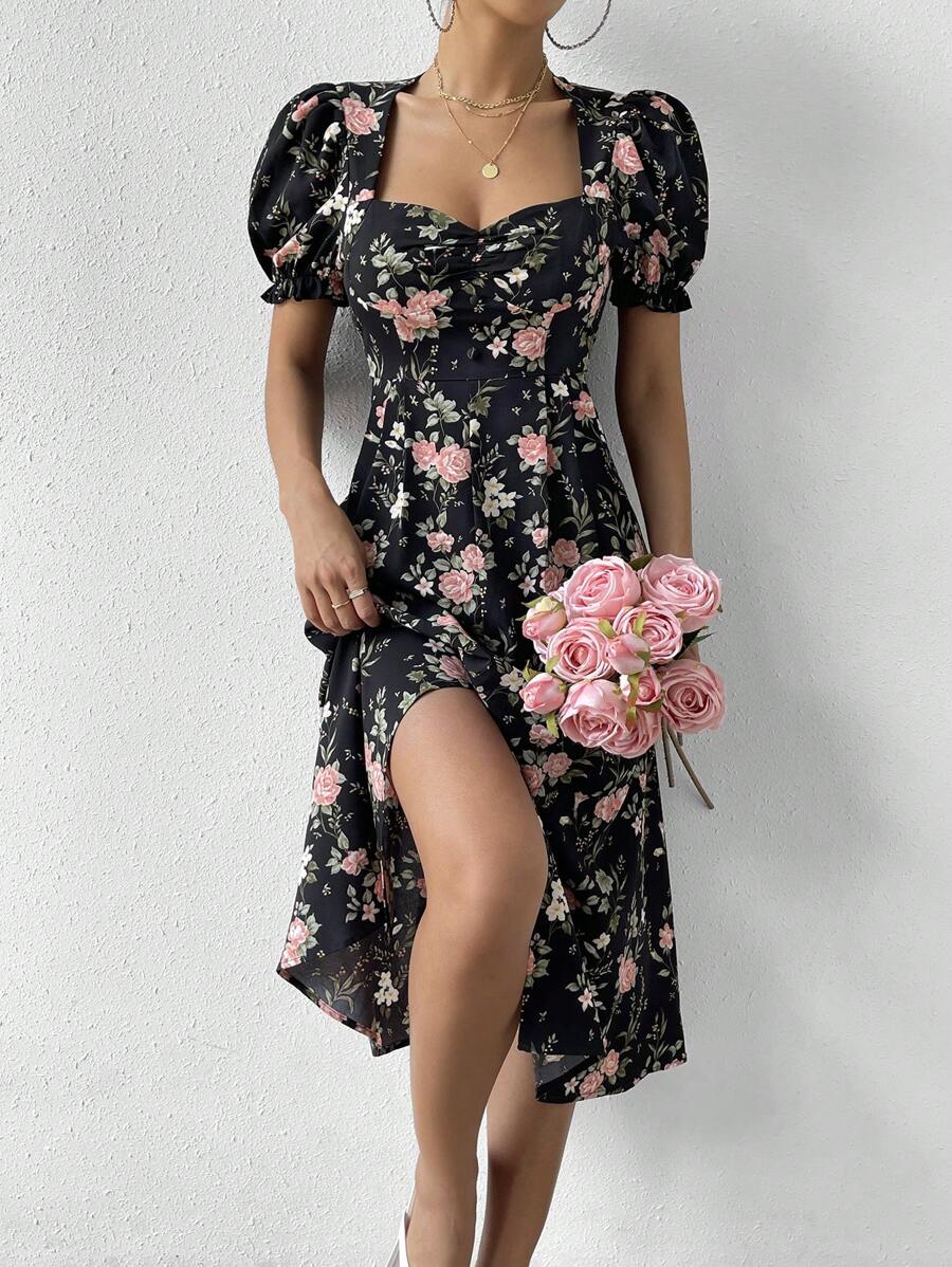 SHEIN LUNE Floral Print Sweetheart Neck Puff Sleeve Ruched Bust Dress - Black - View 1