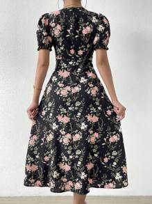 SHEIN LUNE Floral Print Sweetheart Neck Puff Sleeve Ruched Bust Dress - Black - View 2
