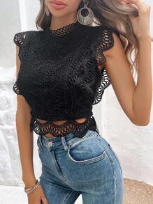 SHEIN Frenchy Guipure Lace Tank Top - Black - View 3