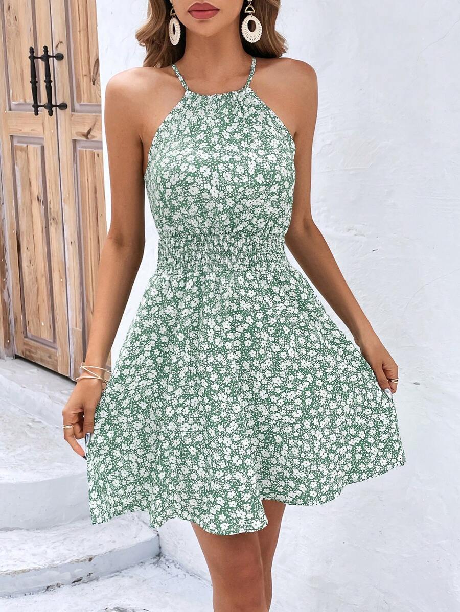 SHEIN Frenchy 碎花繞頸連衣裙 - 綠色 - 查看 1