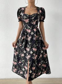 SHEIN LUNE Floral Print Sweetheart Neck Puff Sleeve Ruched Bust Dress - Black - View 4