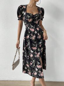 SHEIN LUNE Floral Print Sweetheart Neck Puff Sleeve Ruched Bust Dress - Black - View 5