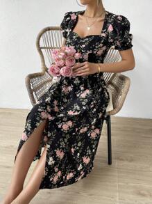 SHEIN LUNE Floral Print Sweetheart Neck Puff Sleeve Ruched Bust Dress - Black - View 6