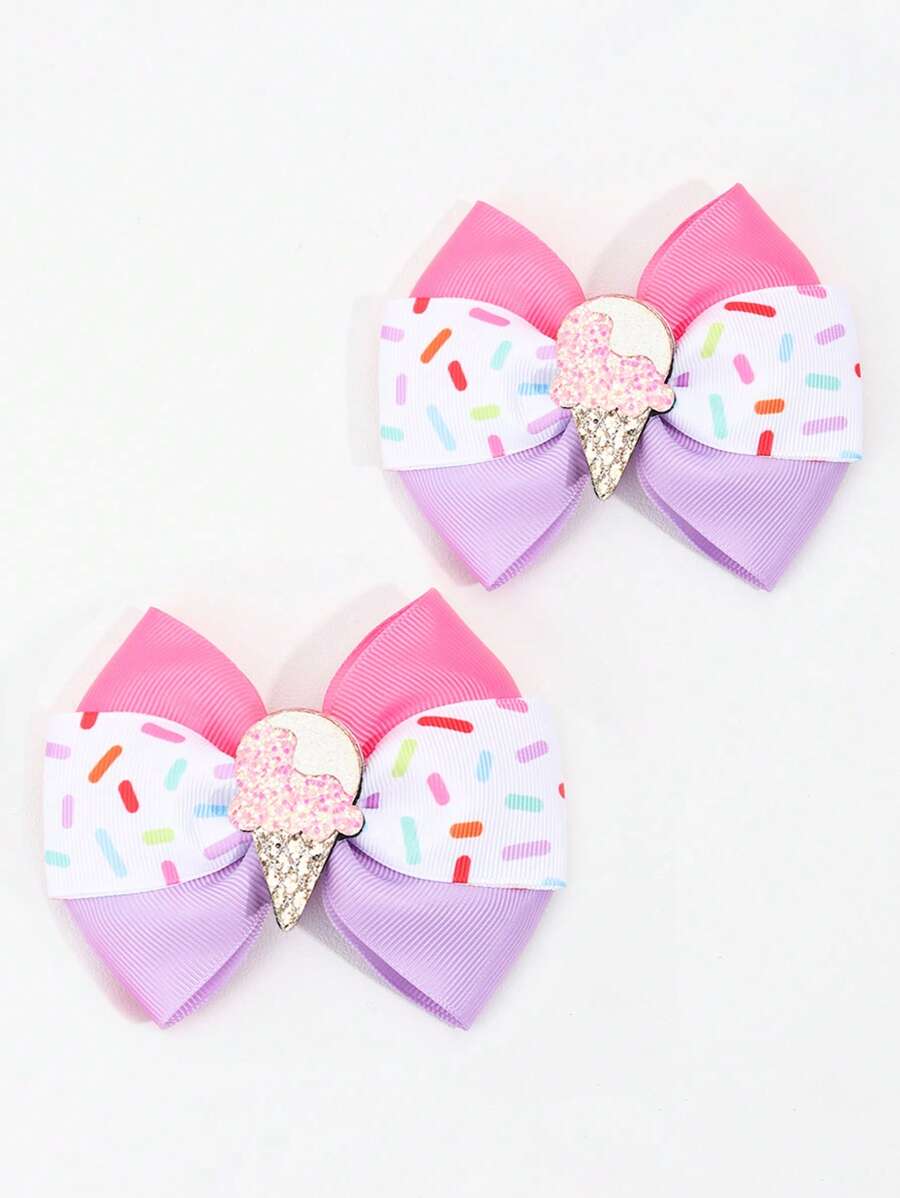 2pcs Toddler Girls Ice Cream & Bow Decor Cute Alligator Hair Clip For Hair Decoration - Multicolor - View 1