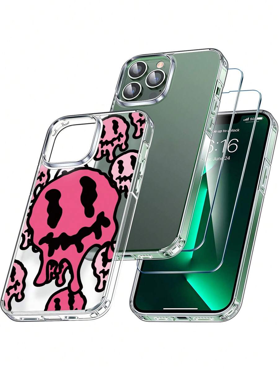 2pcs HD Full Cover Screen Protection Tempered Film & 1pc Letter Graphic Anti-fall Clear Phone Case Compatible With iPhone - Clear - View 1