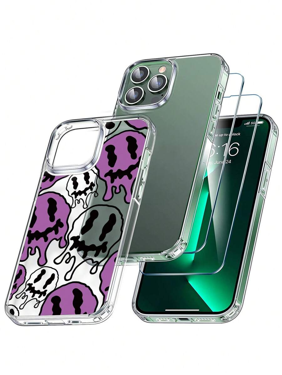 2入組高清全覆蓋螢幕保護鋼化膜和1入組微笑圖案防摔透明手機殼適用於iphone - 無色 - 查看 1