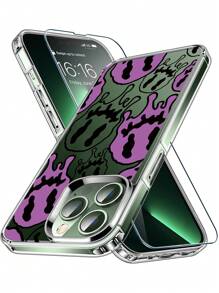 2入組高清全覆蓋螢幕保護鋼化膜和1入組微笑圖案防摔透明手機殼適用於iphone - 無色 - 查看 2