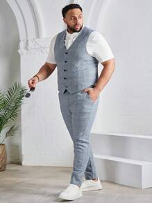 EASEVO 男士棉格紋印花馬甲和西裝褲不帶T恤 - 霧霾藍 - 查看 1