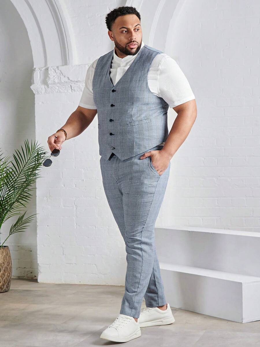 EASEVO 男士棉格紋印花馬甲和西裝褲不帶T恤 - 霧霾藍 - 查看 1